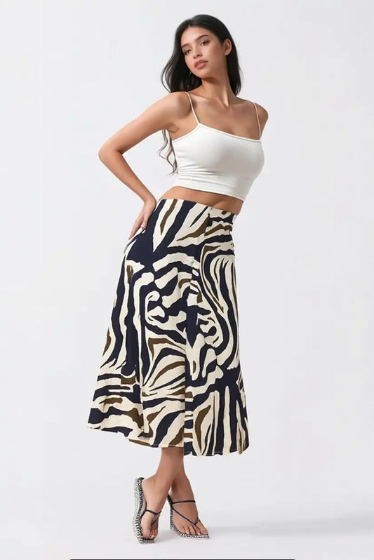 Falda Larga Mujer Estampada Azul Beige Marrón Corte Fluido Bohemio - CHICA del Sur