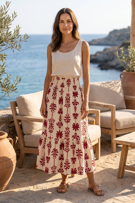 Falda Larga Estampada Beige y Burdeos para Mujer | Talla Única