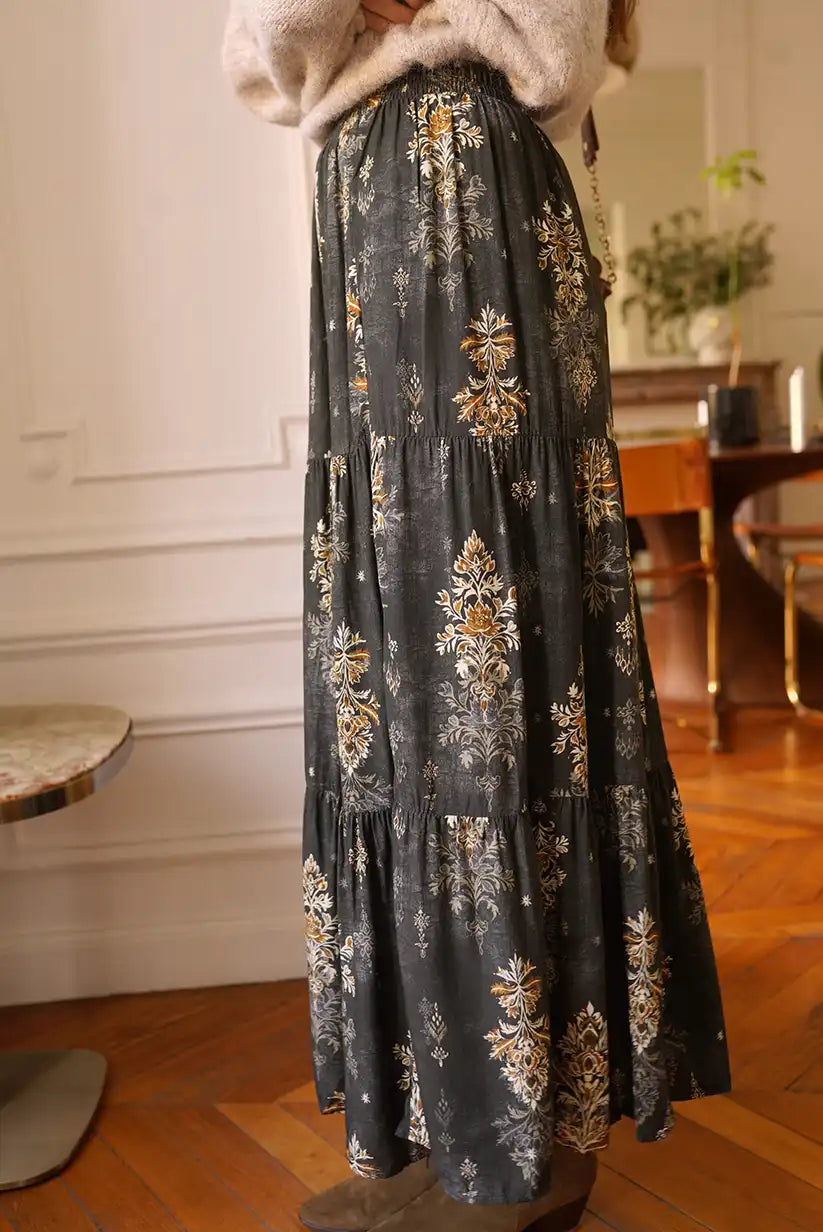 Falda Larga Boho Gris Floral Dorado Corte Evasé Mujer Elegante - CHICA del Sur