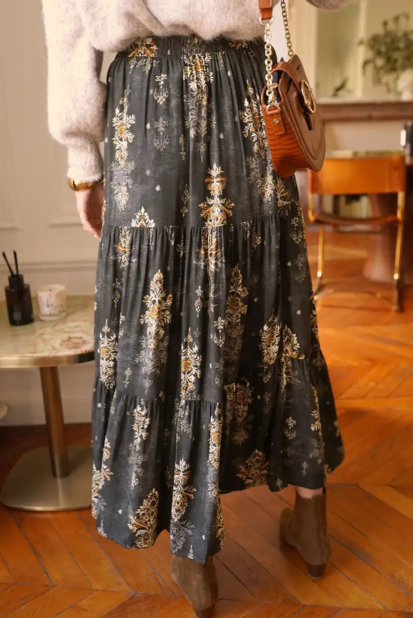 Falda Larga Boho Gris Floral Dorado Corte Evasé Mujer Elegante - CHICA del Sur