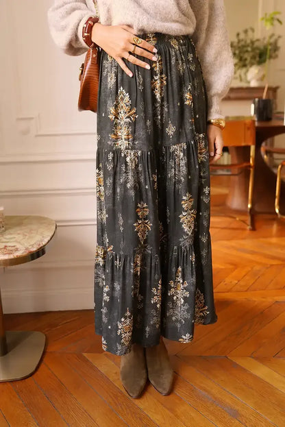 Falda Larga Boho Gris Floral Dorado Corte Evasé Mujer Elegante - CHICA del Sur