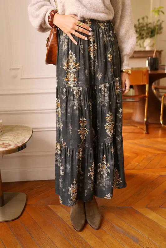 Falda Larga Boho Gris Floral Dorado Corte Evasé Mujer Elegante - CHICA del Sur