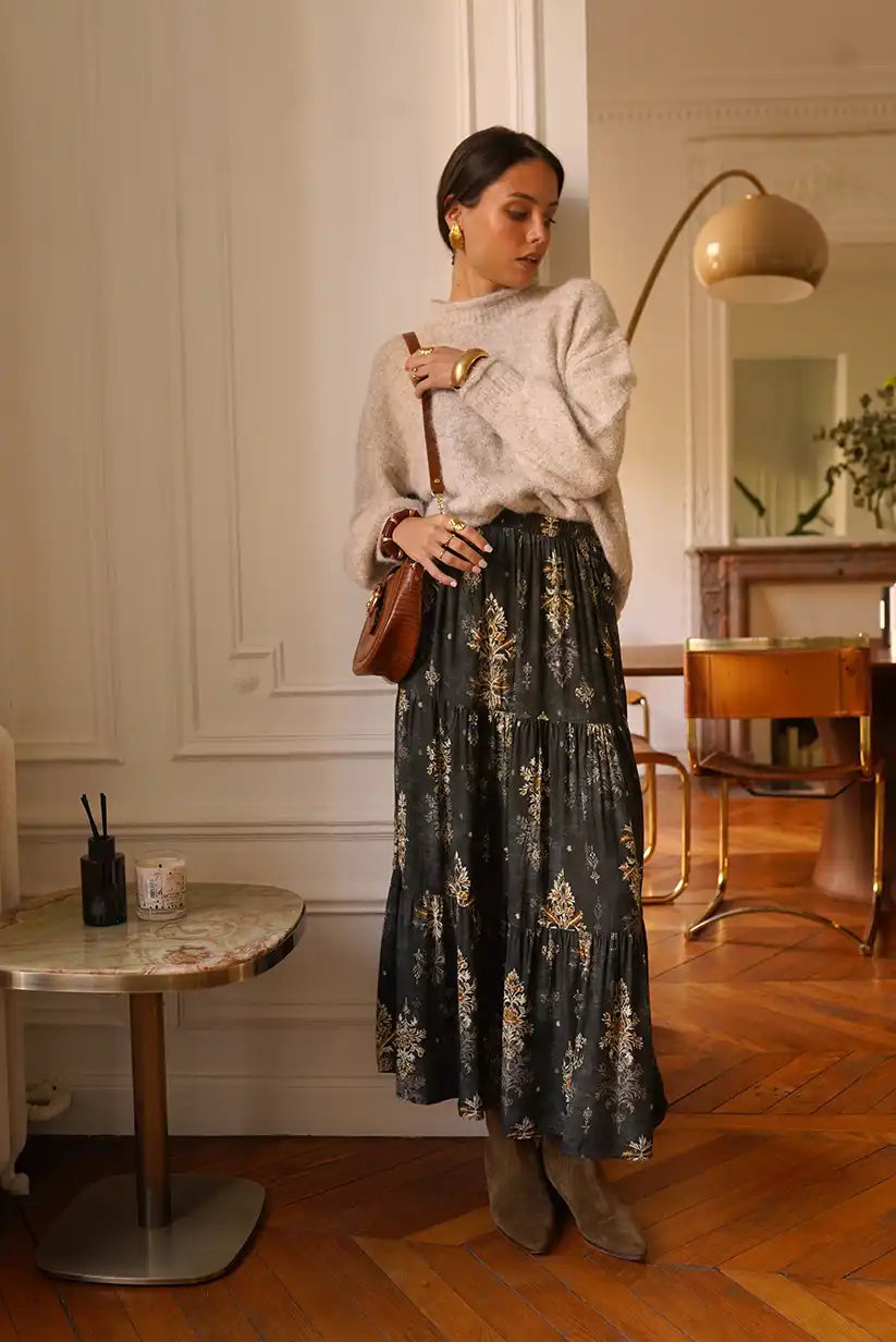 Falda Larga Boho Gris Floral Dorado Corte Evasé Mujer Elegante - CHICA del Sur