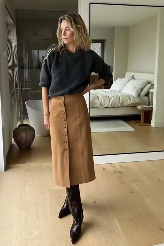 Falda midi camel de ante con botones frontales - CHICA del Sur