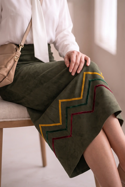 Falda midi verde oliva con bordado geométrico en zigzag colorido