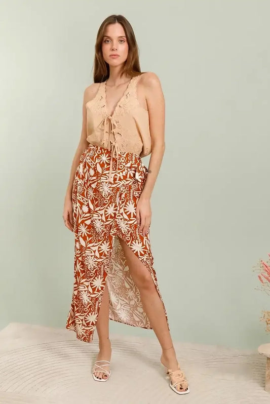 Falda Pareo Verano Mujer Estampada Beige Teja Cierre Ajustable - CHICA del Sur
