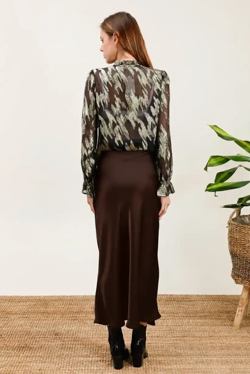 Falda Satinada Marrón Chocolate Midi Corte A Cintura Alta Elegante - CHICA del Sur