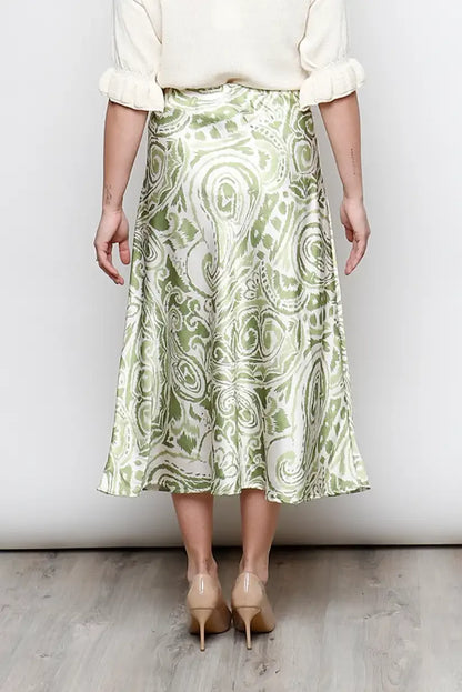 Falda Midi Satinada Verde Pistacho Mujer | Estampado Blanco Primavera 2025 - CHICA del Sur