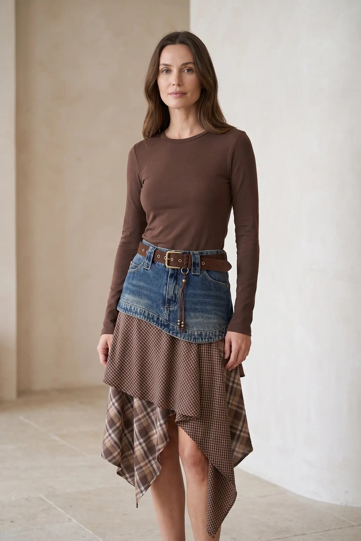 Mujer con camiseta marrón y falda midi de cuadros con detalle vaquero de CHICA del Sur