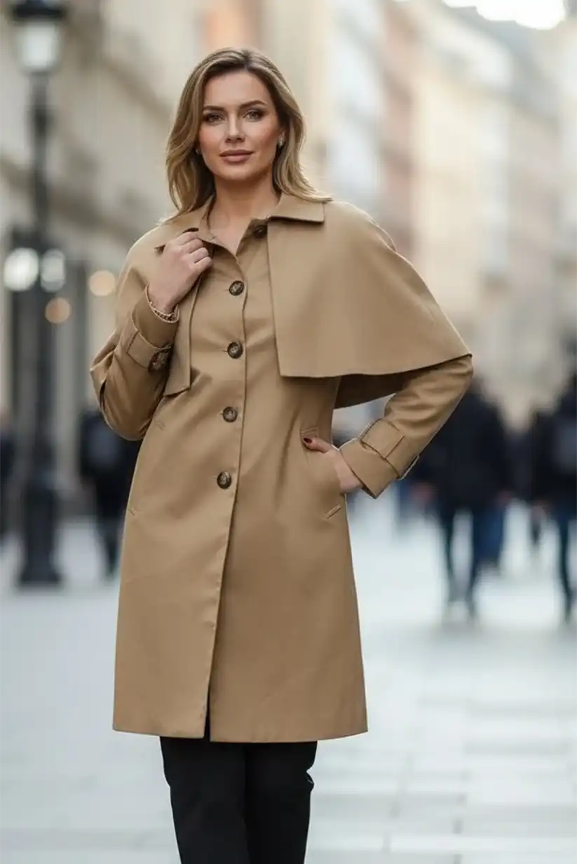 Gabardina Camel Mujer Elegante con Capa Desmontable y Forro Vichy - CHICA del Sur