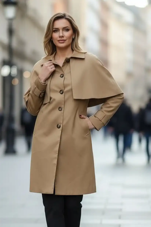 Gabardina Camel Mujer Elegante con Capa Desmontable y Forro Vichy - CHICA del Sur