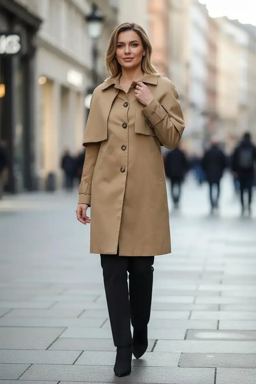 Gabardina Camel Mujer Elegante con Capa Desmontable y Forro Vichy - CHICA del Sur