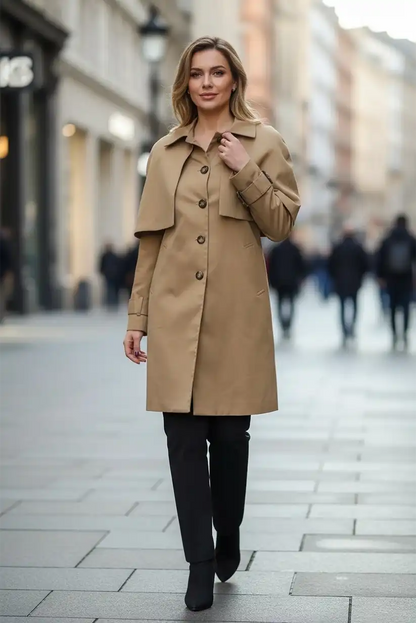 Gabardina Camel Mujer Elegante con Capa Desmontable y Forro Vichy - CHICA del Sur