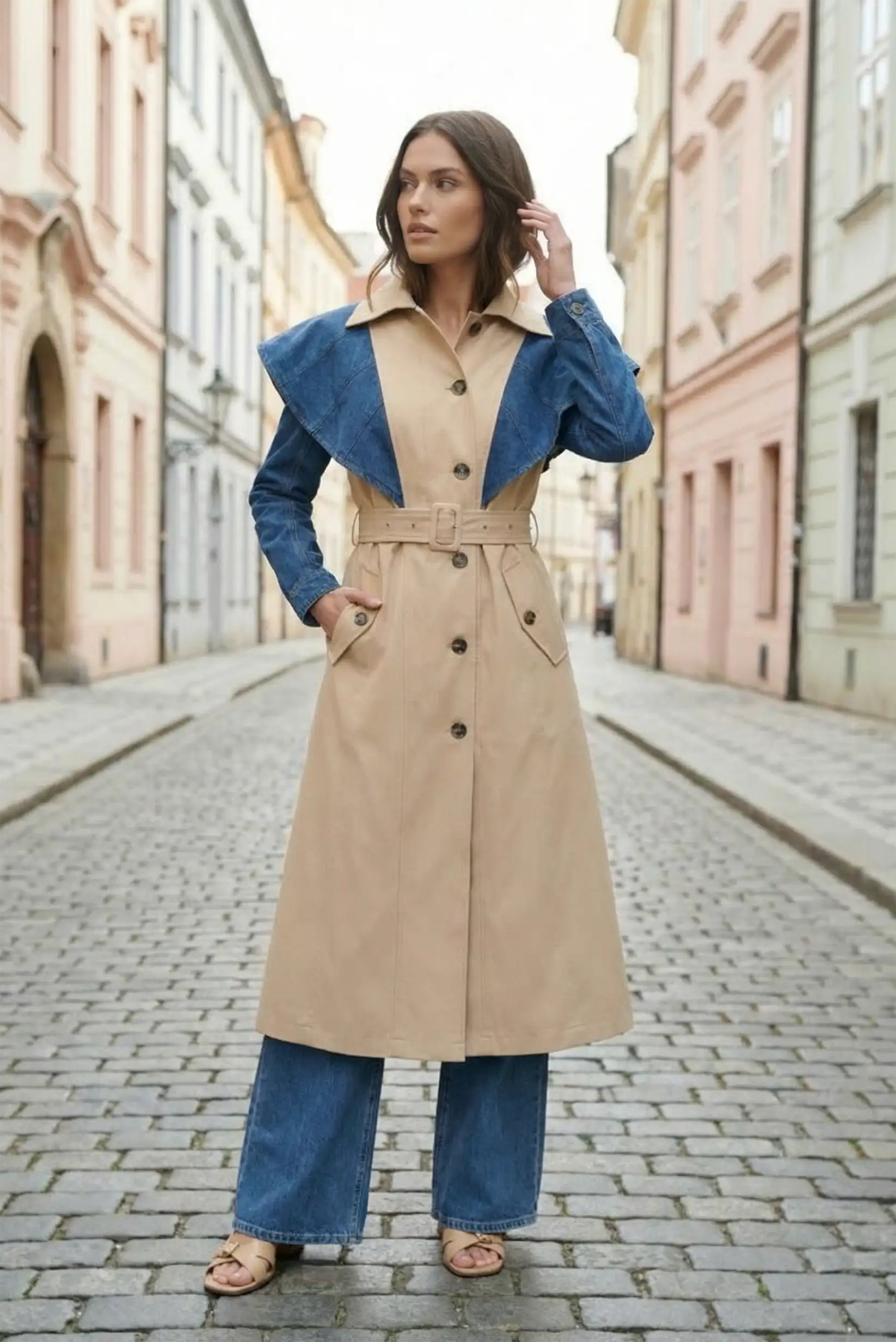 Mujer con gabardina vaquera beige y azul, moda femenina casual CHICA del Sur en calle urbana.