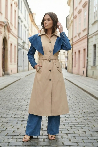 Mujer con gabardina vaquera beige y azul, moda femenina casual CHICA del Sur en calle urbana.