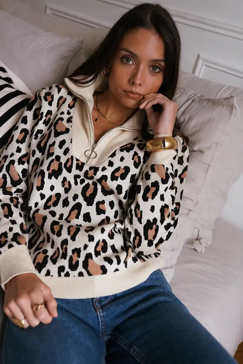 Jersey Animal Print Mujer con Cremallera Cuello Alto Casual Chic - CHICA del Sur