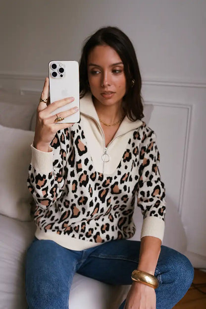 Jersey Animal Print Mujer con Cremallera Cuello Alto Casual Chic - CHICA del Sur