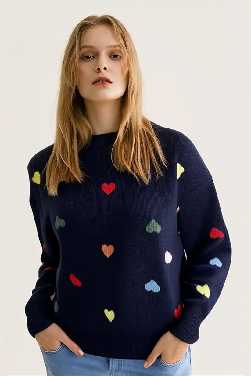 Jersey Mujer Azul Marino con Corazones Bordados Coloridos - CHICA del Sur