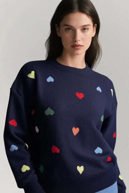 Jersey Mujer Azul Marino con Corazones Bordados Coloridos - CHICA del Sur