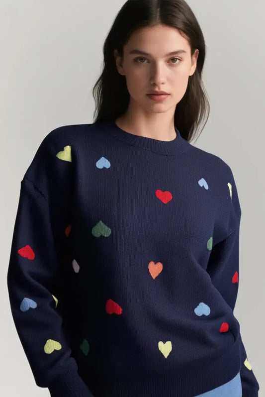 Jersey Mujer Azul Marino con Corazones Bordados Coloridos - CHICA del Sur