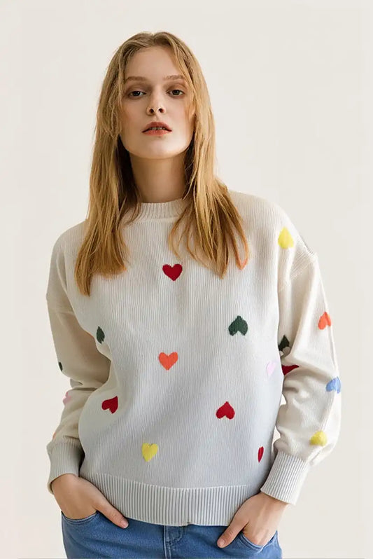 Jersey Mujer Blanco con Corazones Bordados Coloridos Suave y Chic - CHICA del Sur
