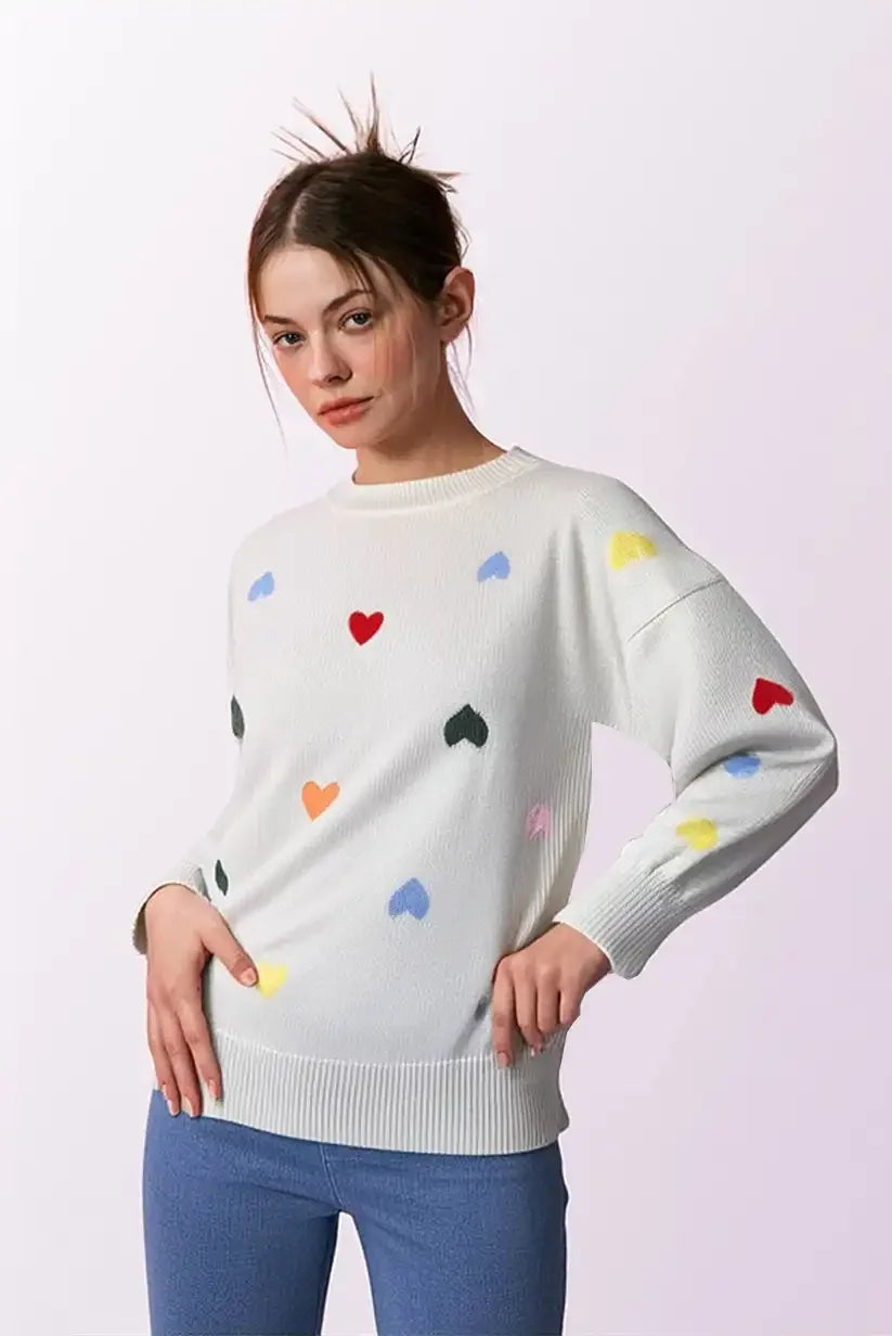 Jersey Mujer Blanco con Corazones Bordados Coloridos Suave y Chic - CHICA del Sur