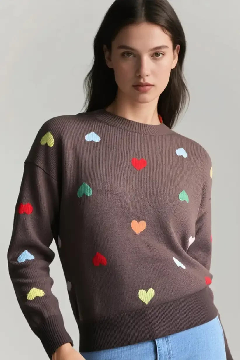 Jersey mujer marrón chocolate con corazones bordados romántico y cálido - CHICA del Sur