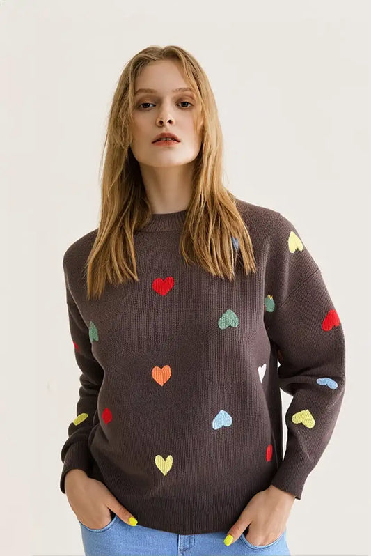 Jersey mujer marrón chocolate con corazones bordados romántico y cálido - CHICA del Sur