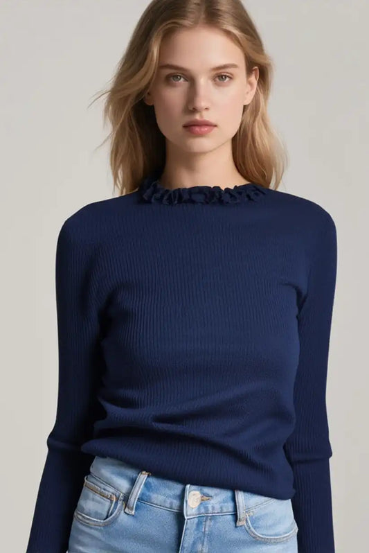 Jersey azul marino mujer cuello rizado elegante y cómodo invierno - CHICA del Sur