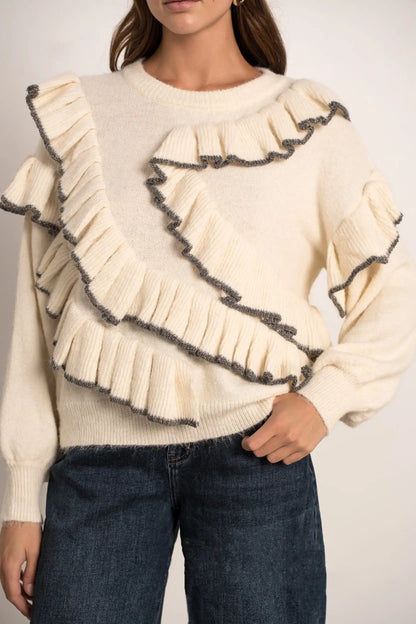 Jersey Beige Mujer con Ondas Grises y Bordados Elegante Cálido - CHICA del Sur