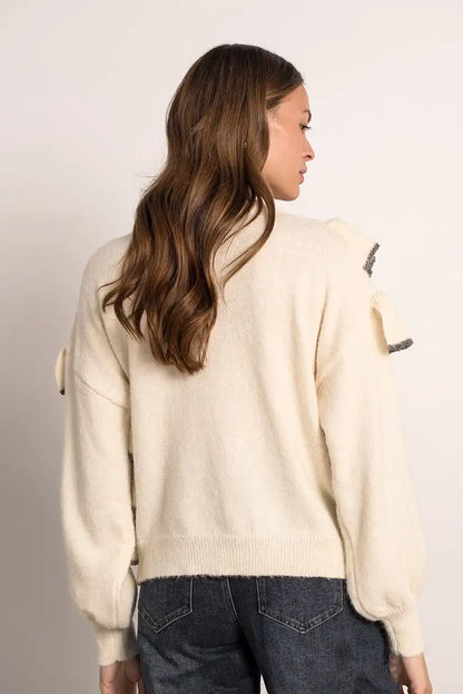 Jersey Beige Mujer con Ondas Grises y Bordados Elegante Cálido - CHICA del Sur