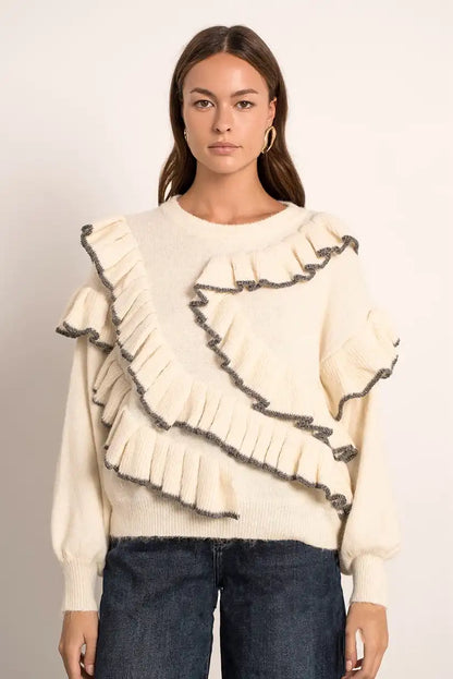 Jersey Beige Mujer con Ondas Grises y Bordados Elegante Cálido - CHICA del Sur