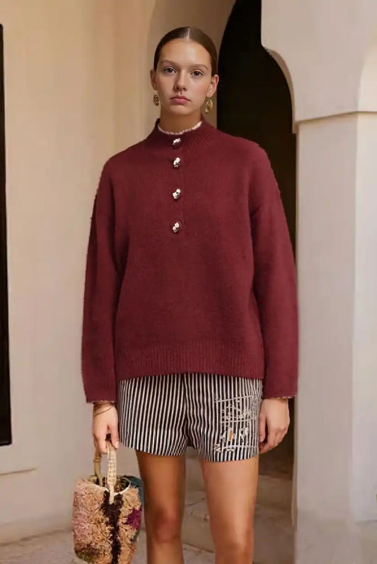 Jersey burdeos con botones – Talla única, suave y elegante - CHICA del Sur