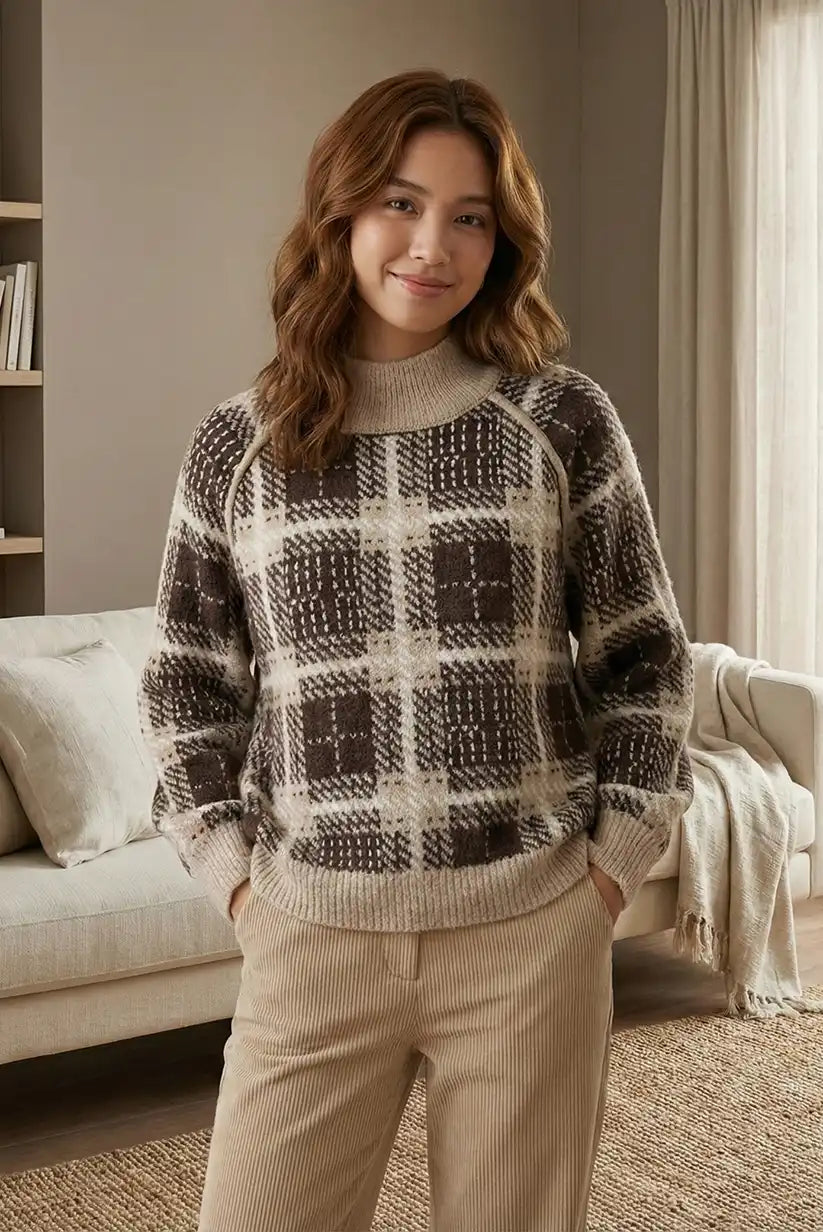 Jersey de cuadros en tonos beige y marrón