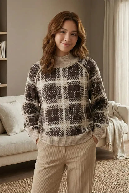 Jersey de cuadros en tonos beige y marrón - CHICA del Sur