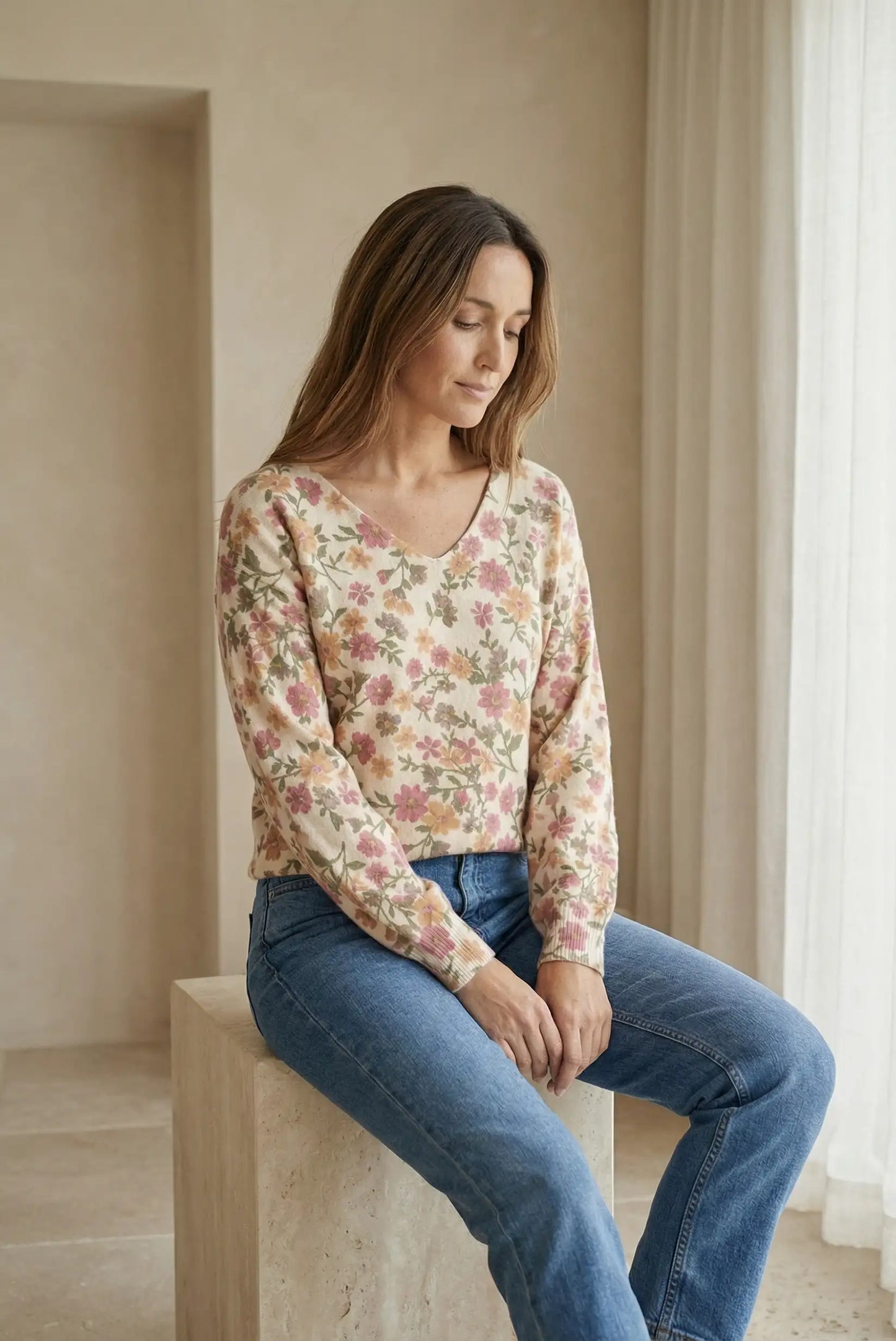 Jersey fino mujer floral de manga larga, moda casual CHICA del Sur, tonos pastel