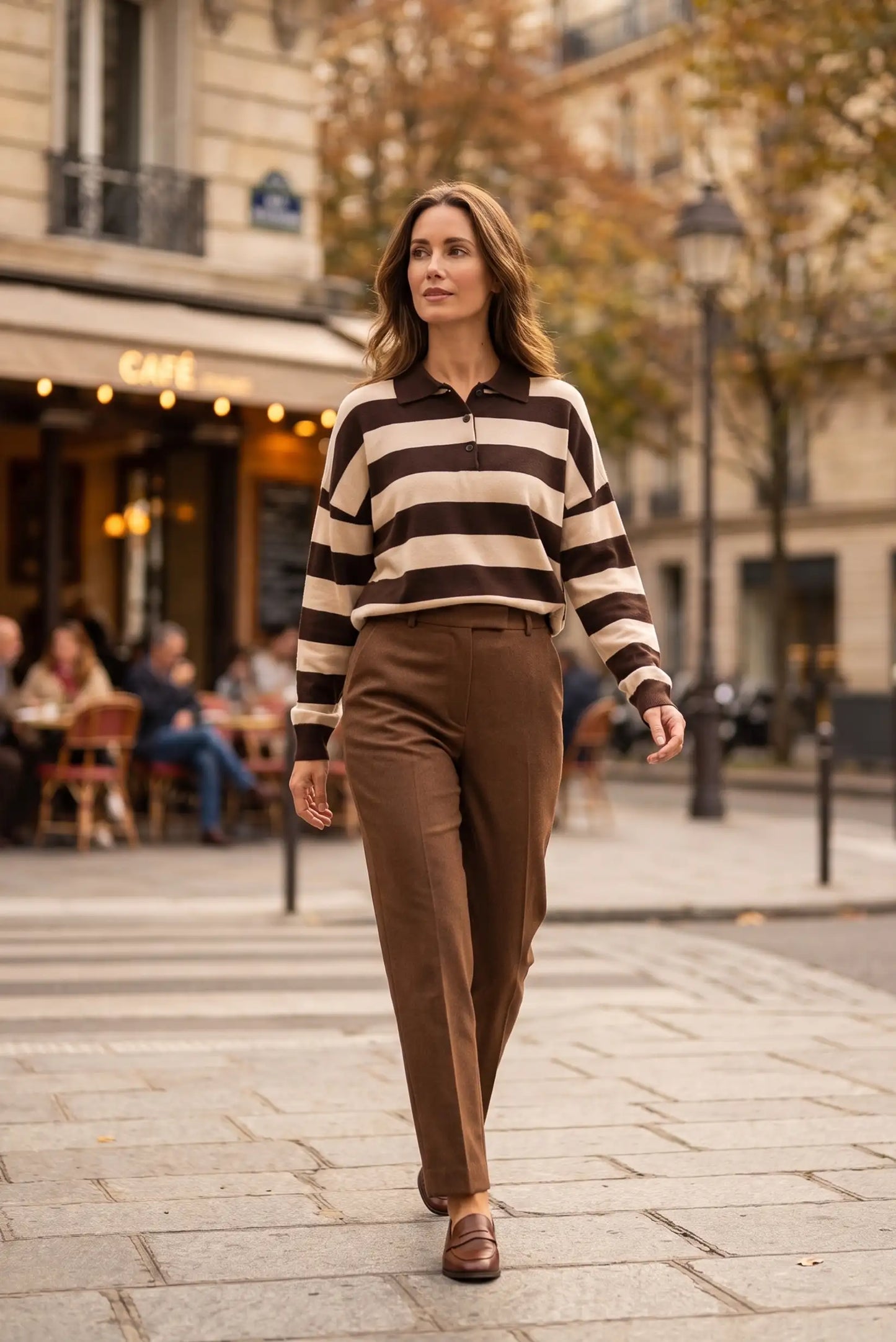 Camisa polo a rayas marrón y beige con pantalones marrones, look urbano otoño/invierno para mujer