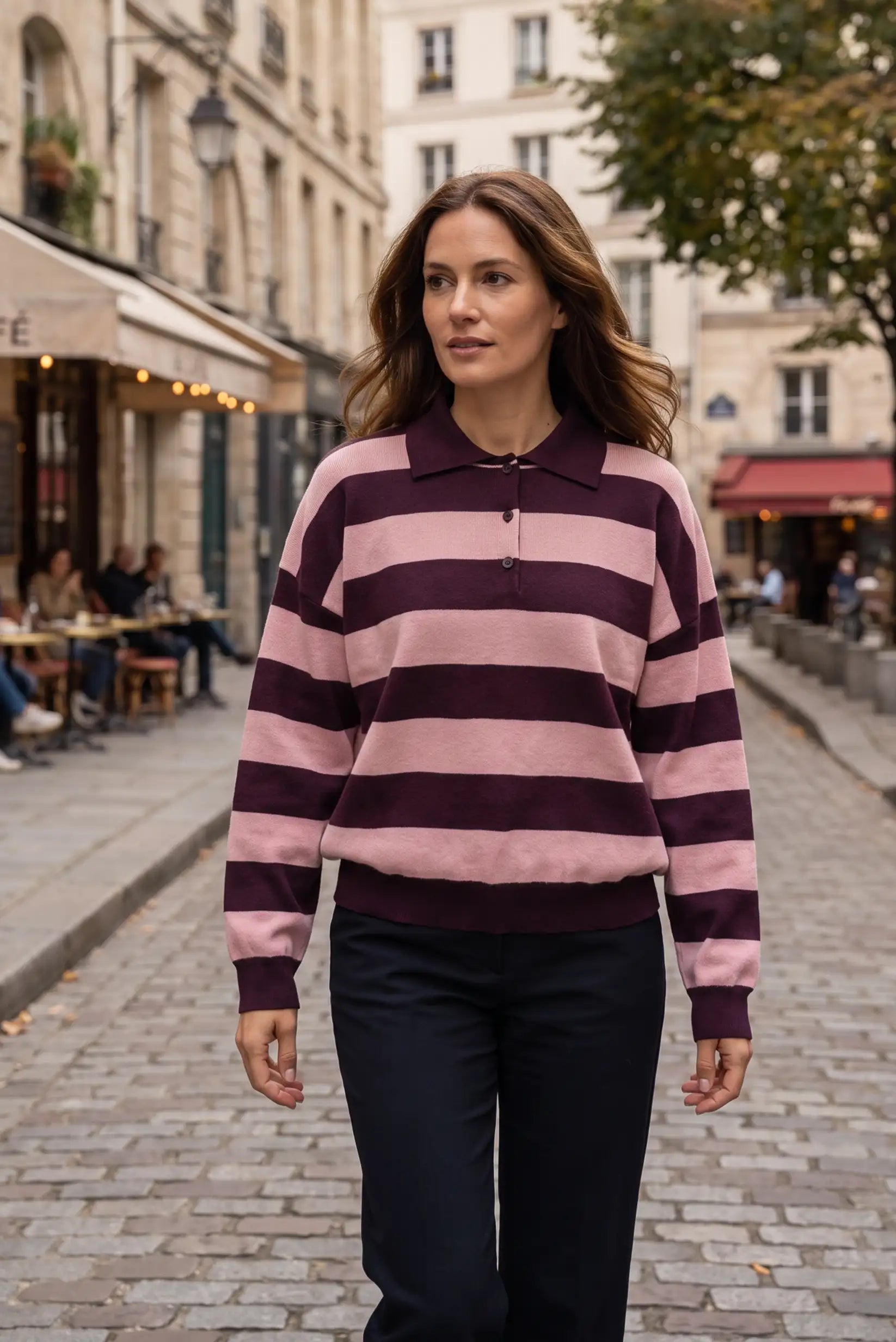Suéter a rayas rosa y morado para mujer, ideal para otoño en la ciudad