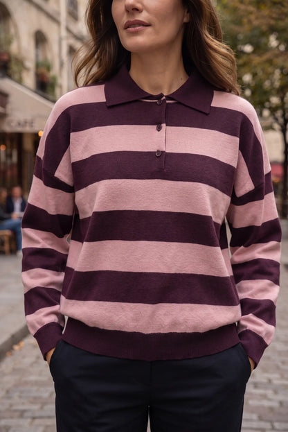 Suéter de mujer a rayas en rosa y morado, ideal para moda femenina y complementos