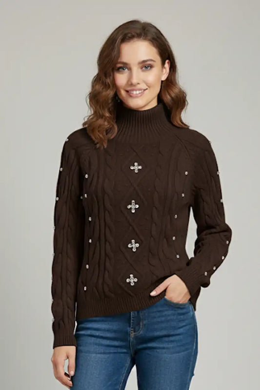 Jersey Mujer Marrón Chocolate con Brillantes Bordados Elegante