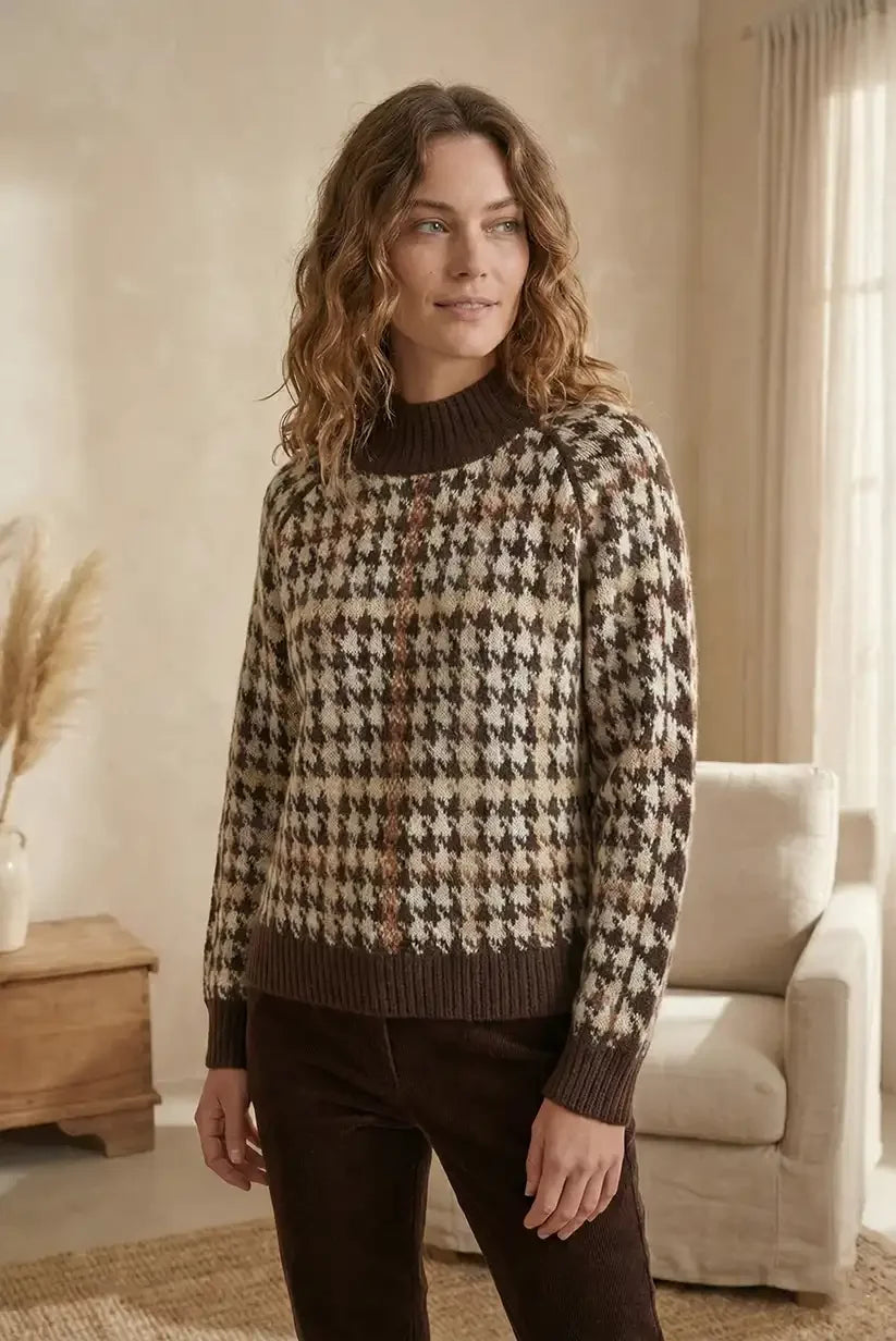 Jersey mujer marrón chocolate y beige cuadros - CHICA del Sur