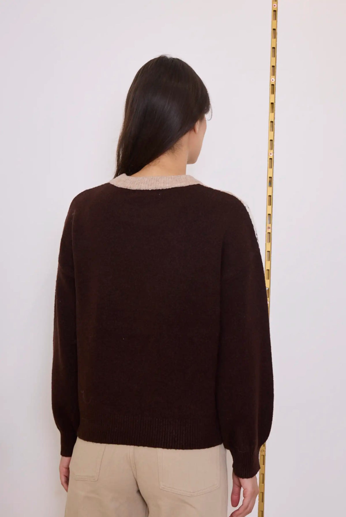 Vista trasera de mujer con jersey marrón de cuello beige de CHICA del Sur