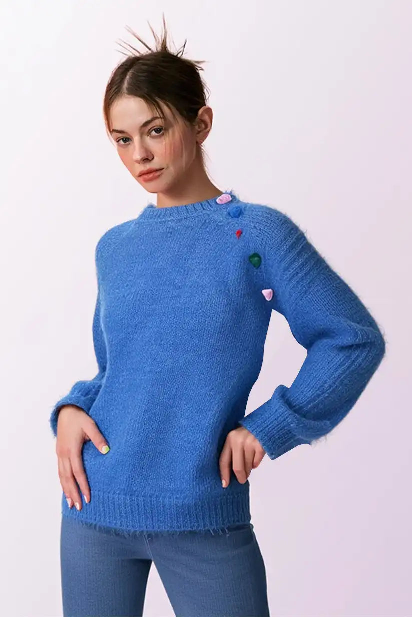 Jersey Mujer Azul Otoño con Corazones Bordados Coloridos - CHICA del Sur