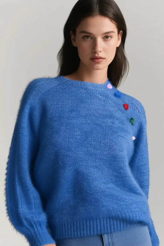 Jersey Mujer Azul Otoño con Corazones Bordados Coloridos - CHICA del Sur