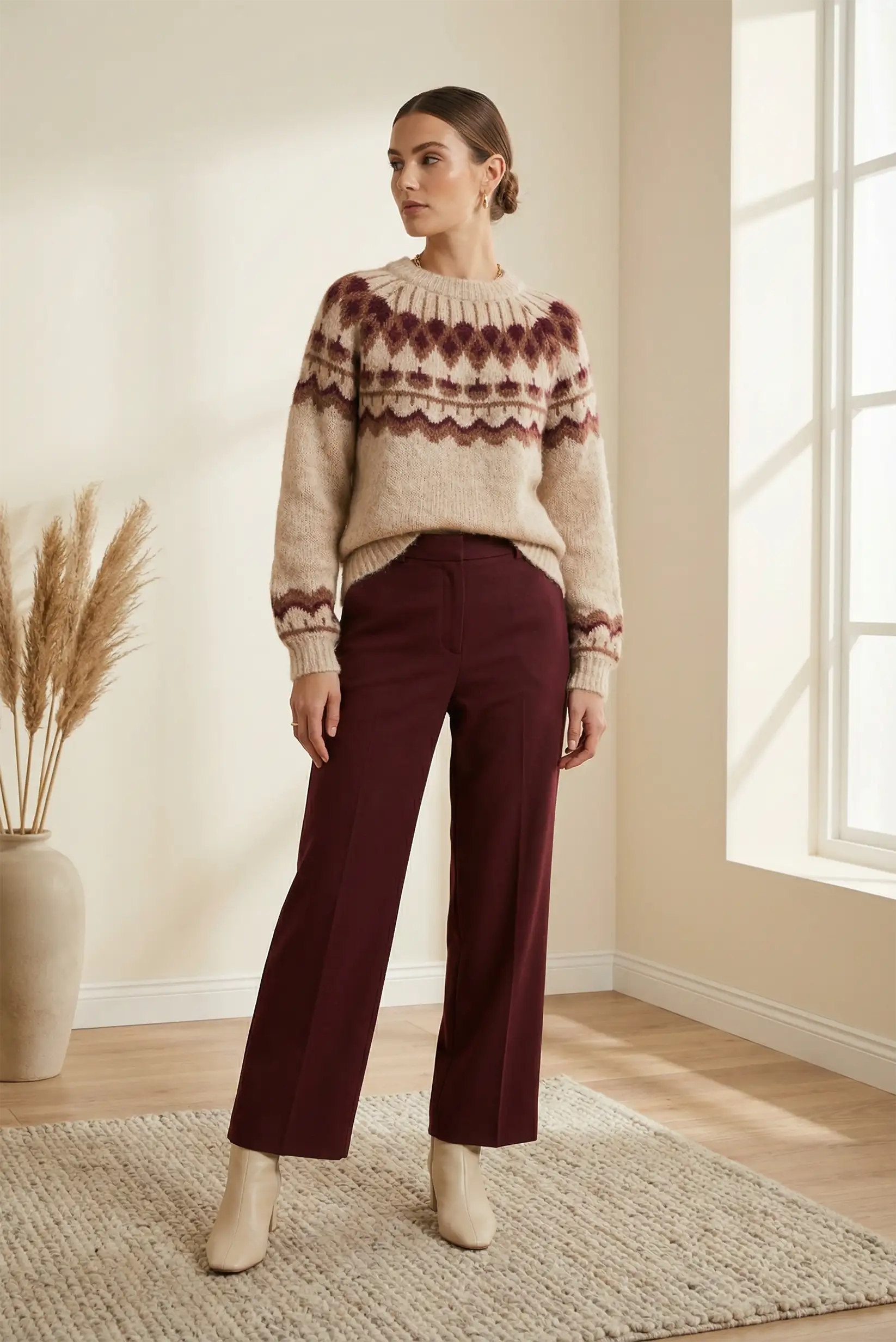 Mujer con jersey beige de rombos burdeos y pantalones burdeos en habitación luminosa