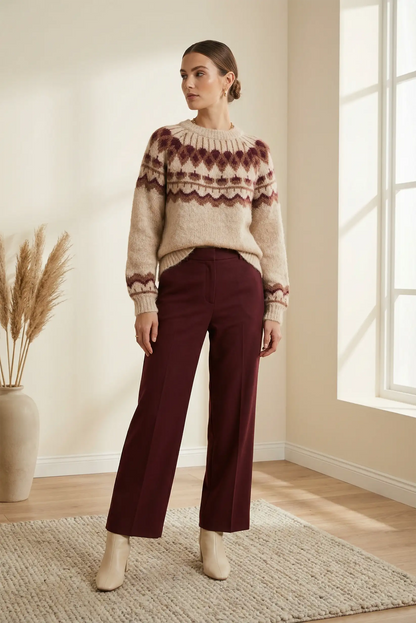 Mujer con jersey beige de rombos burdeos y pantalones burdeos en habitación luminosa