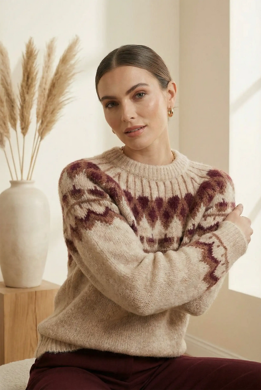 Mujer con jersey beige de rombos burdeos, ambiente minimalista con jarrón y planta seca