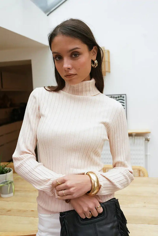 Jersey Beige Mujer Cuello Alto Canalé Ajustado Suave y Elegante - CHICA del Sur