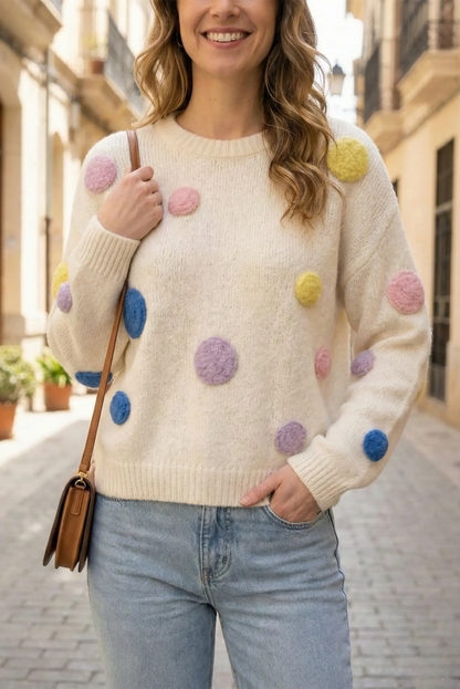 Jersey mujer beige con círculos de colores primavera, moda casual CHICA del Sur