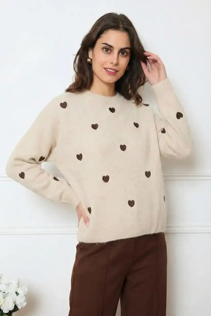 Jersey mujer beige corazones marrón chocolate - CHICA del Sur